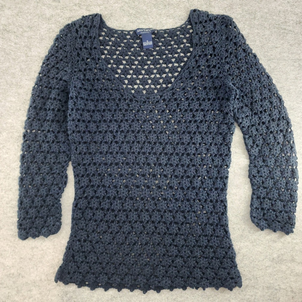 Ann Taylor Small | Handknit Navy Blue Crochet 3/4 Sleeve Sweater Top Womens